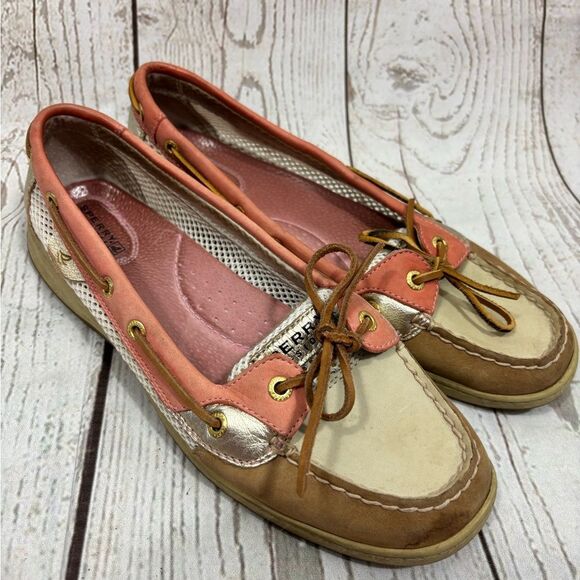 Sperry Top-Sider Angelfish Coral Salmon Tan Gold Mesh Womens Boat Shoes 10M - Picture 1 of 15